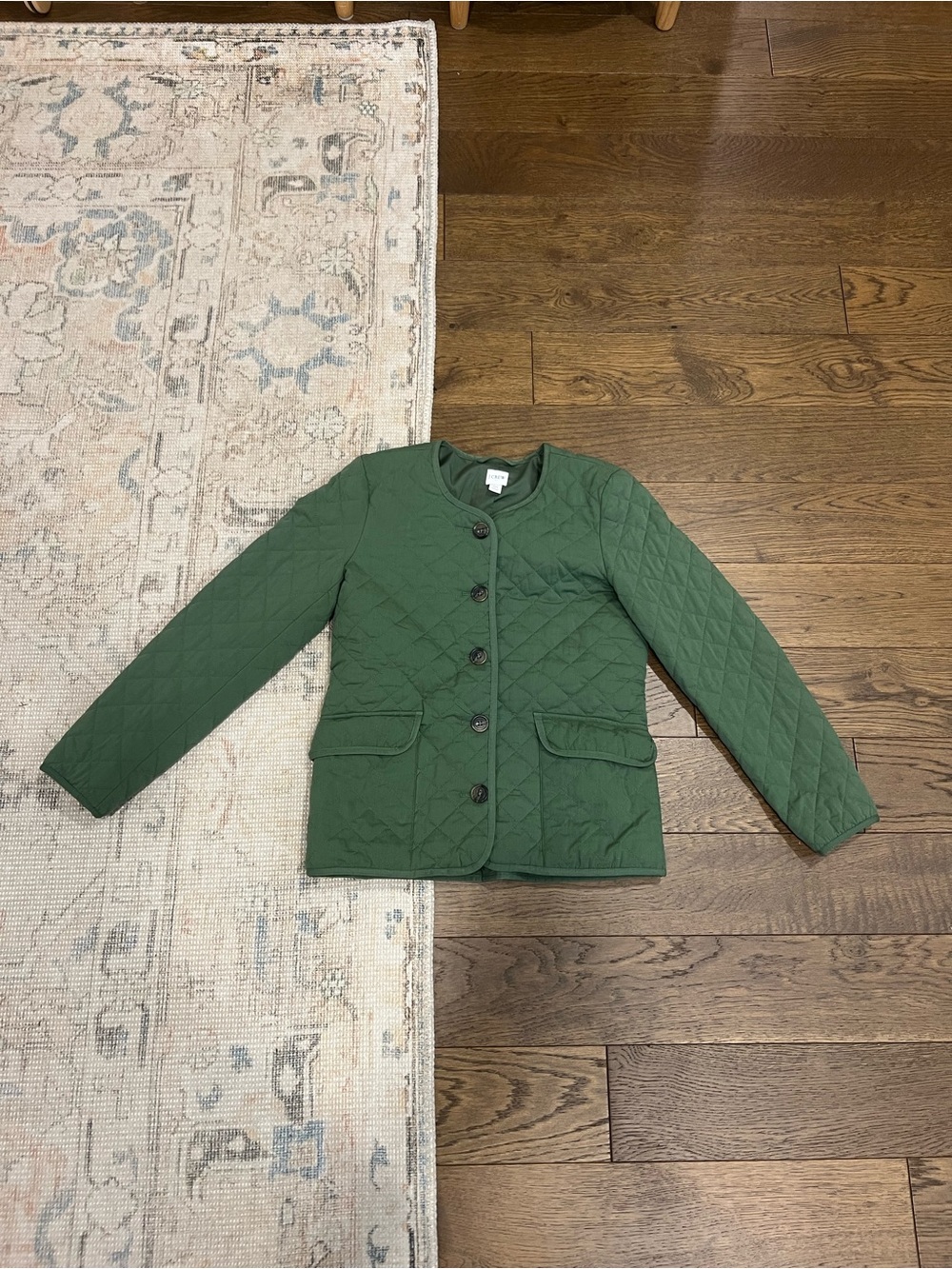 J. Crew Quilted Forest Green Button-Front Puffer Jacket